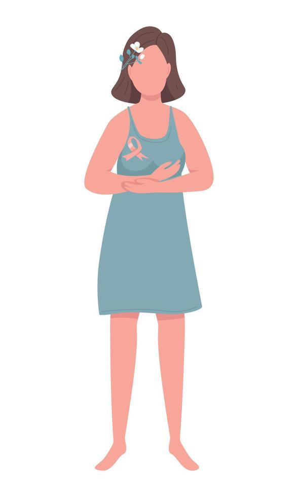 mujer joven con cinta de cáncer de mama carácter vectorial de color semiplano vector