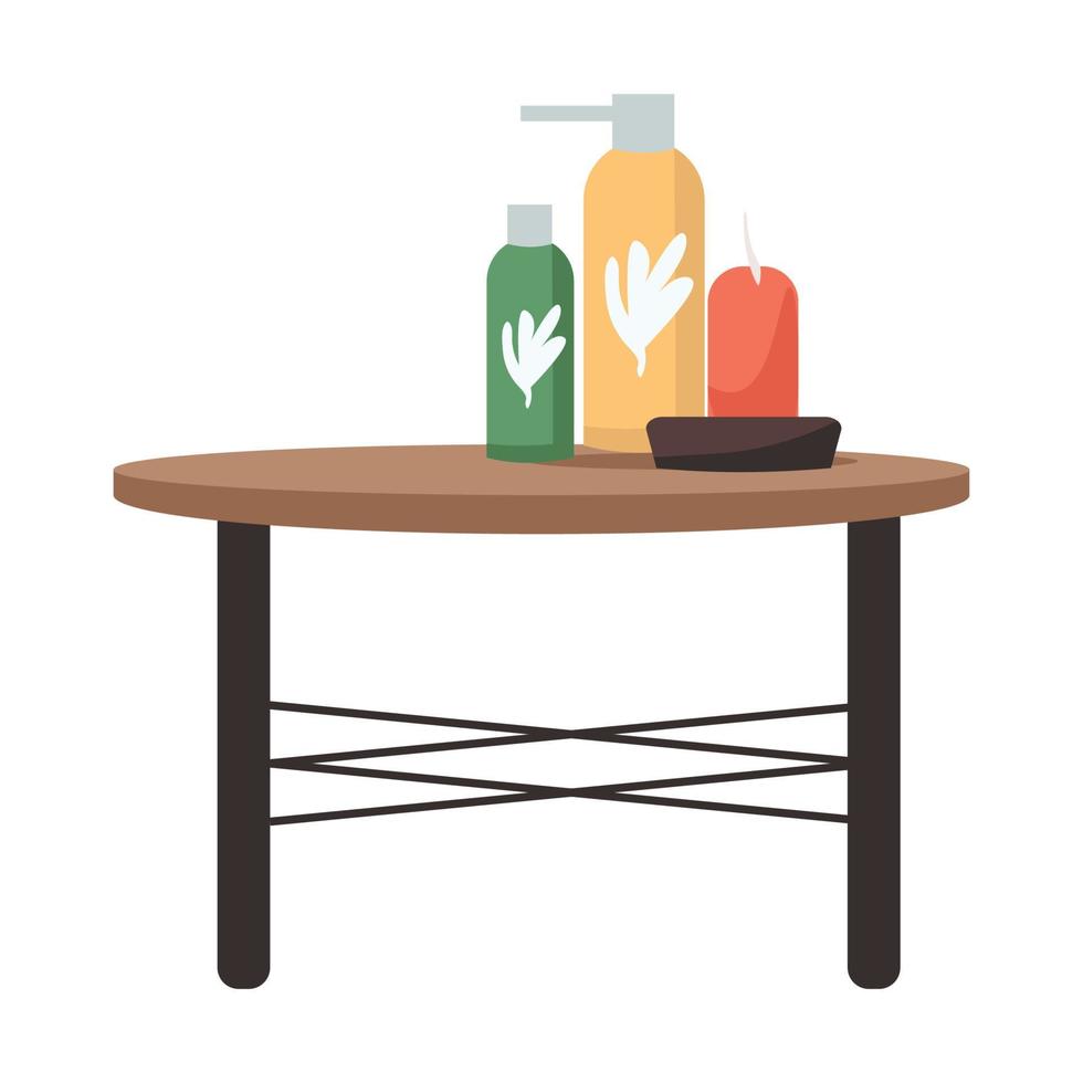 Table with cosmetic products and candle semi flat color vector object