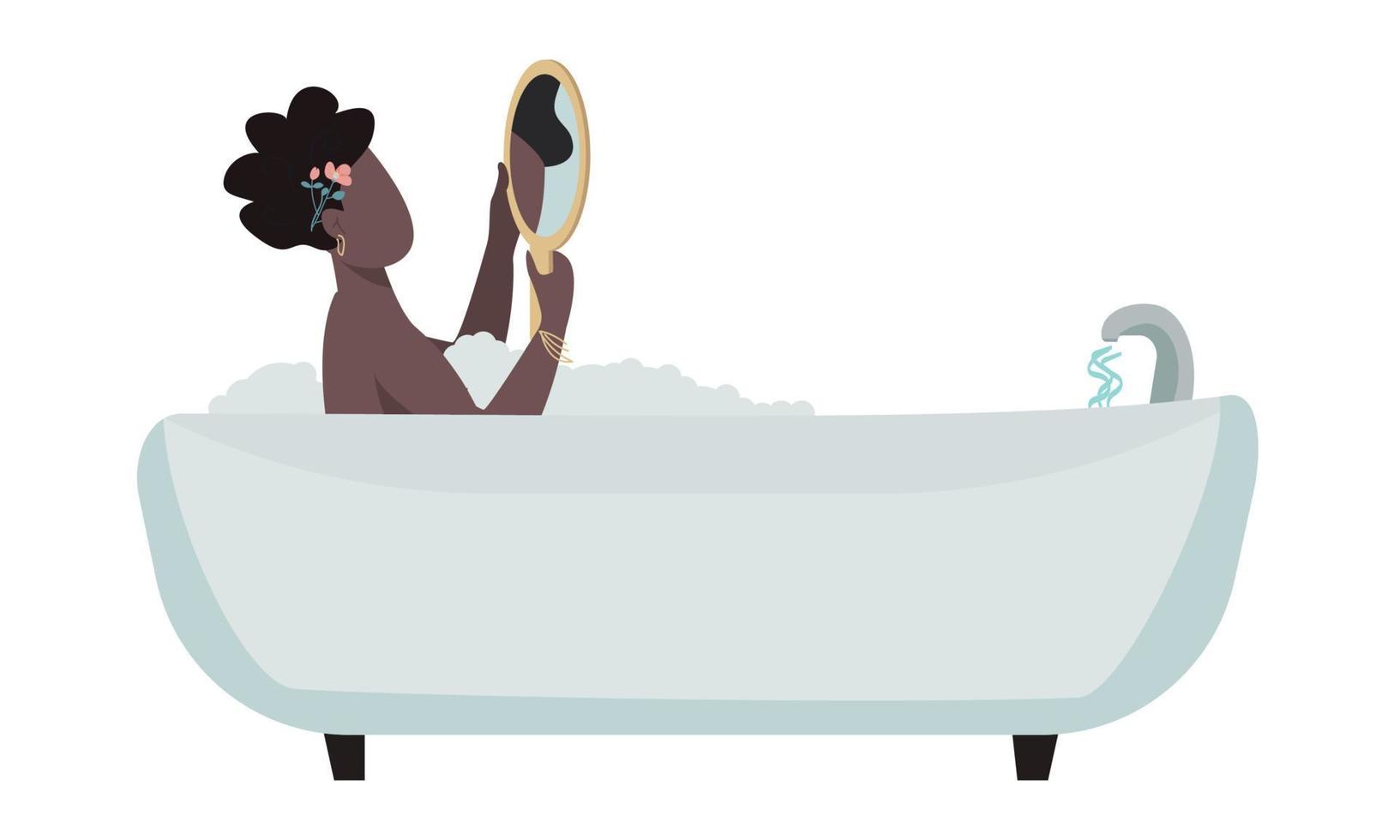 mujer con espejo relajante en la bañera carácter vectorial de color semiplano vector