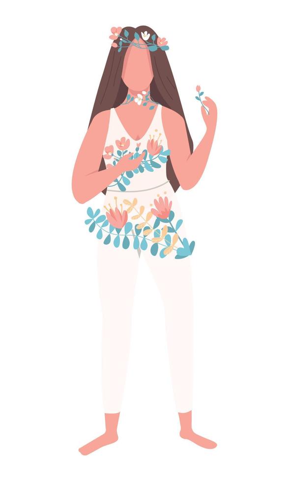 Young lady surrounded by spring flowers semi flat color vector character