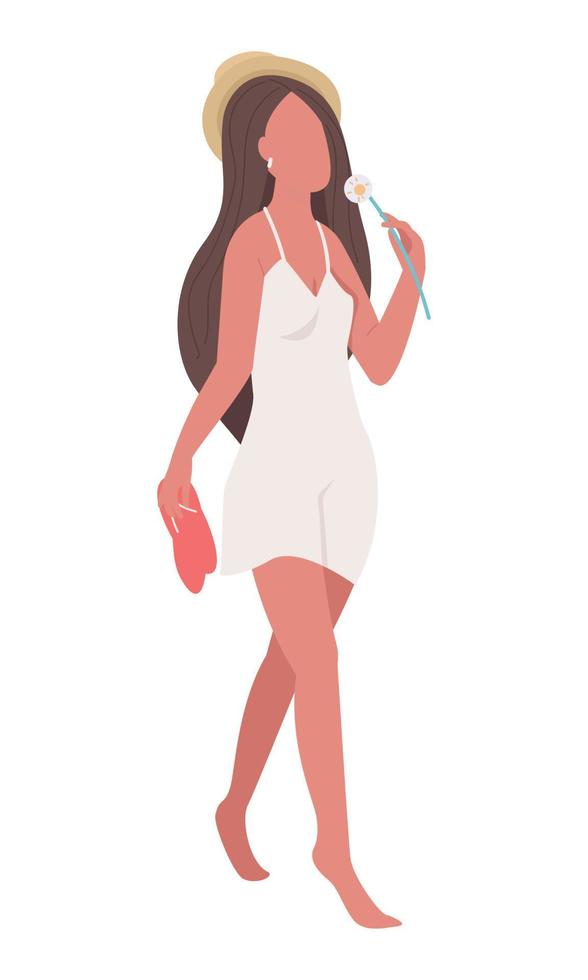 Girl walking barefoot and enjoying summer flower semi flat color vector character