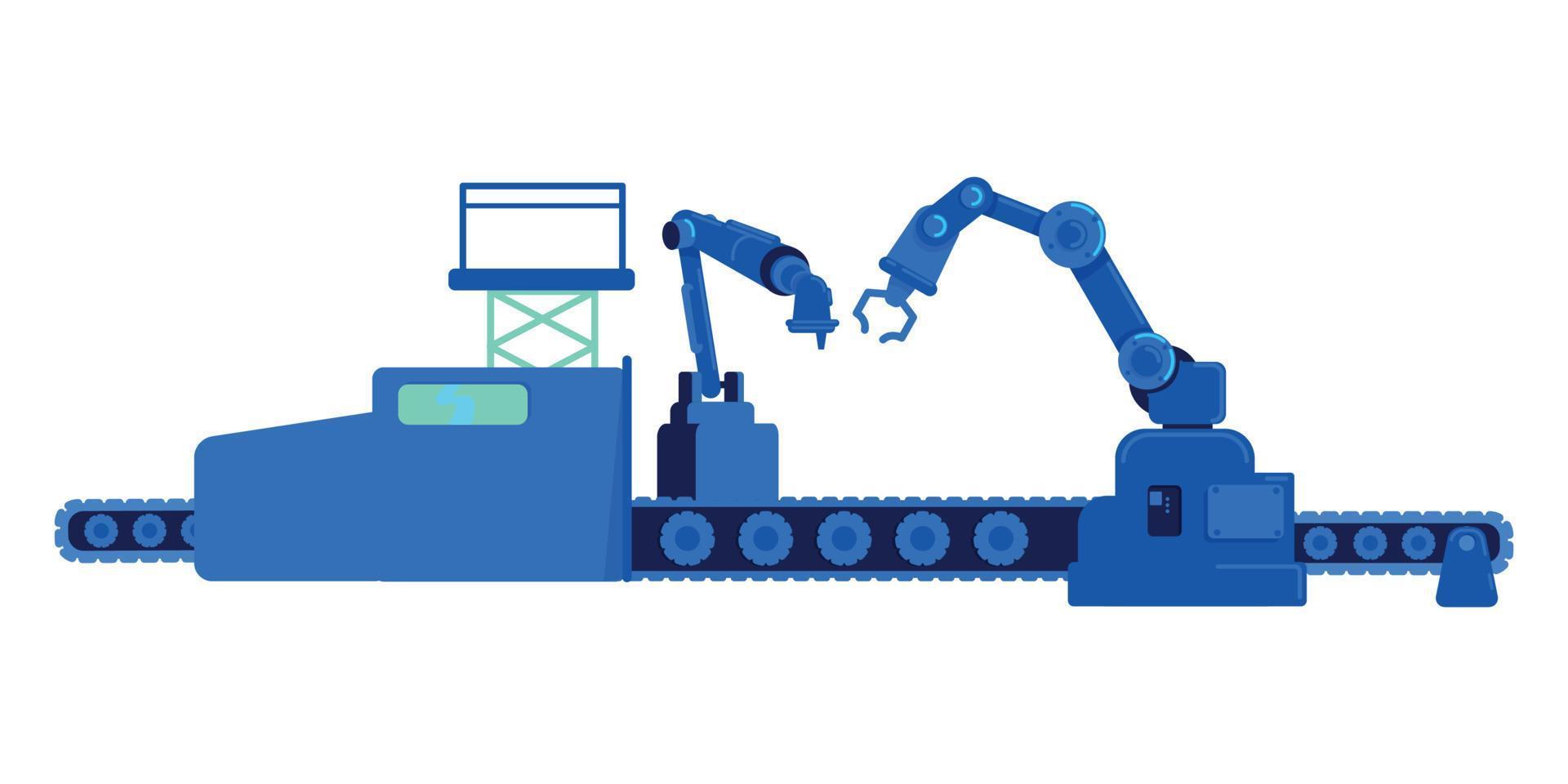 línea de montaje con brazos robóticos industriales objeto vectorial de color semiplano vector