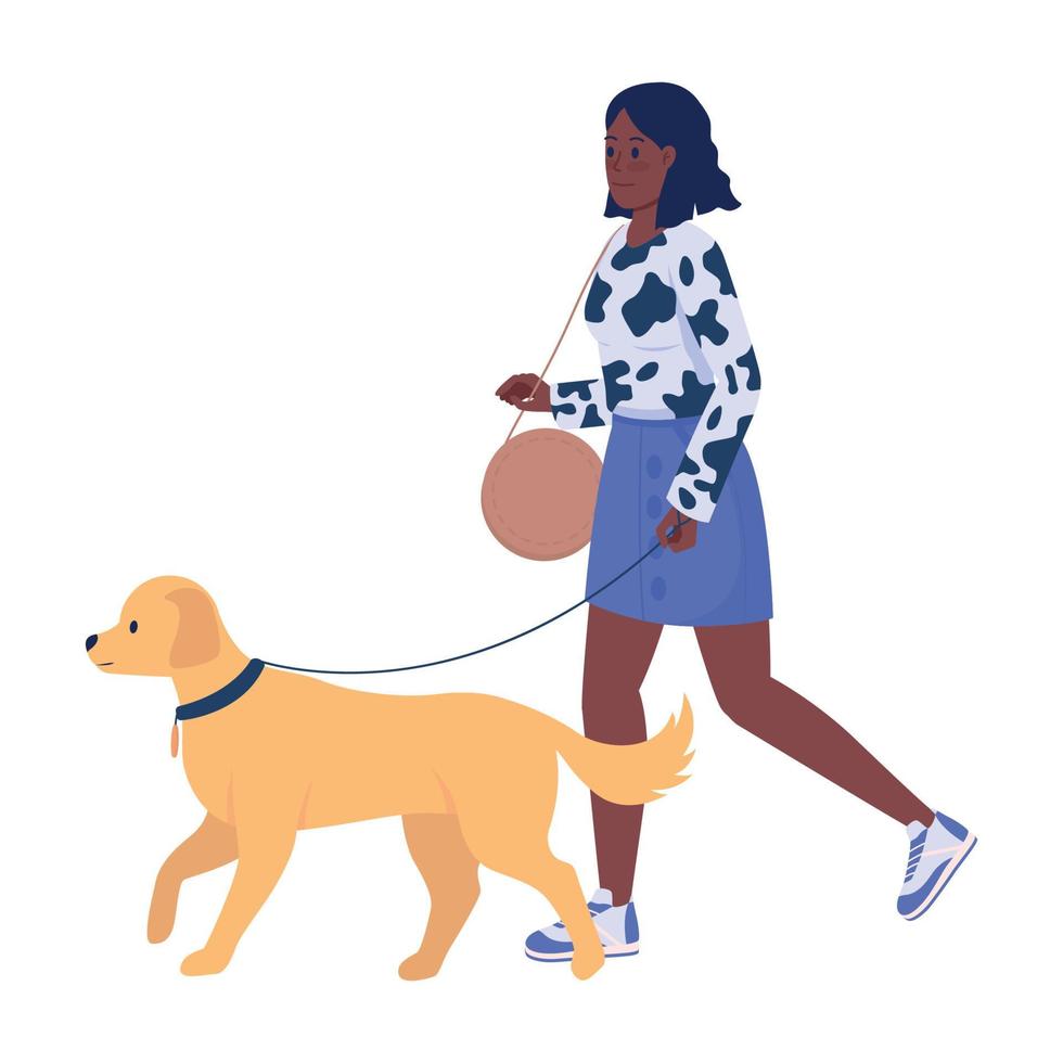 Stylish woman walking dog on street semi flat color vector characters