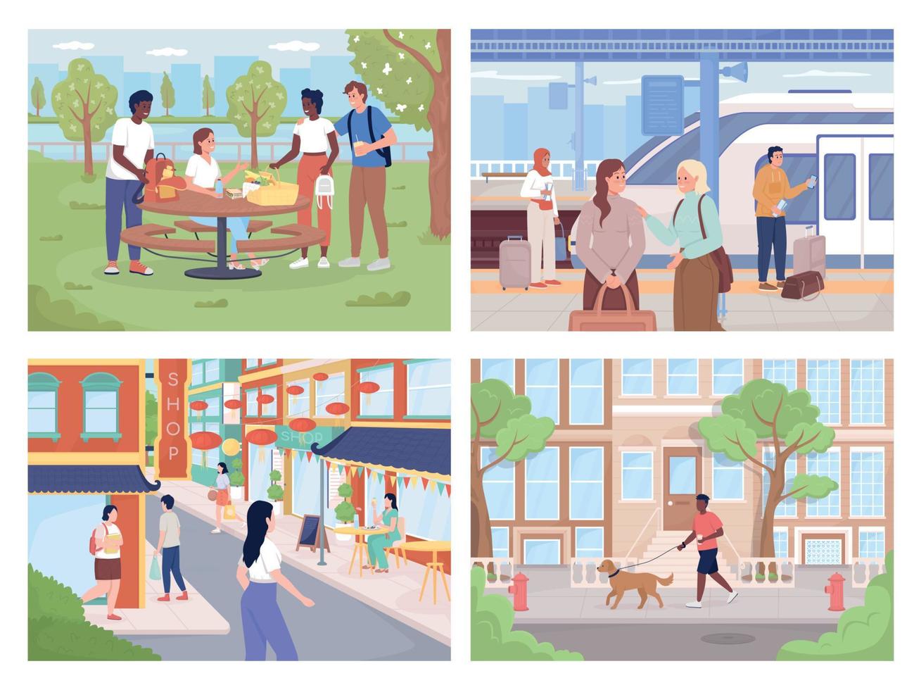 Life in modern city flat color vector illustration set