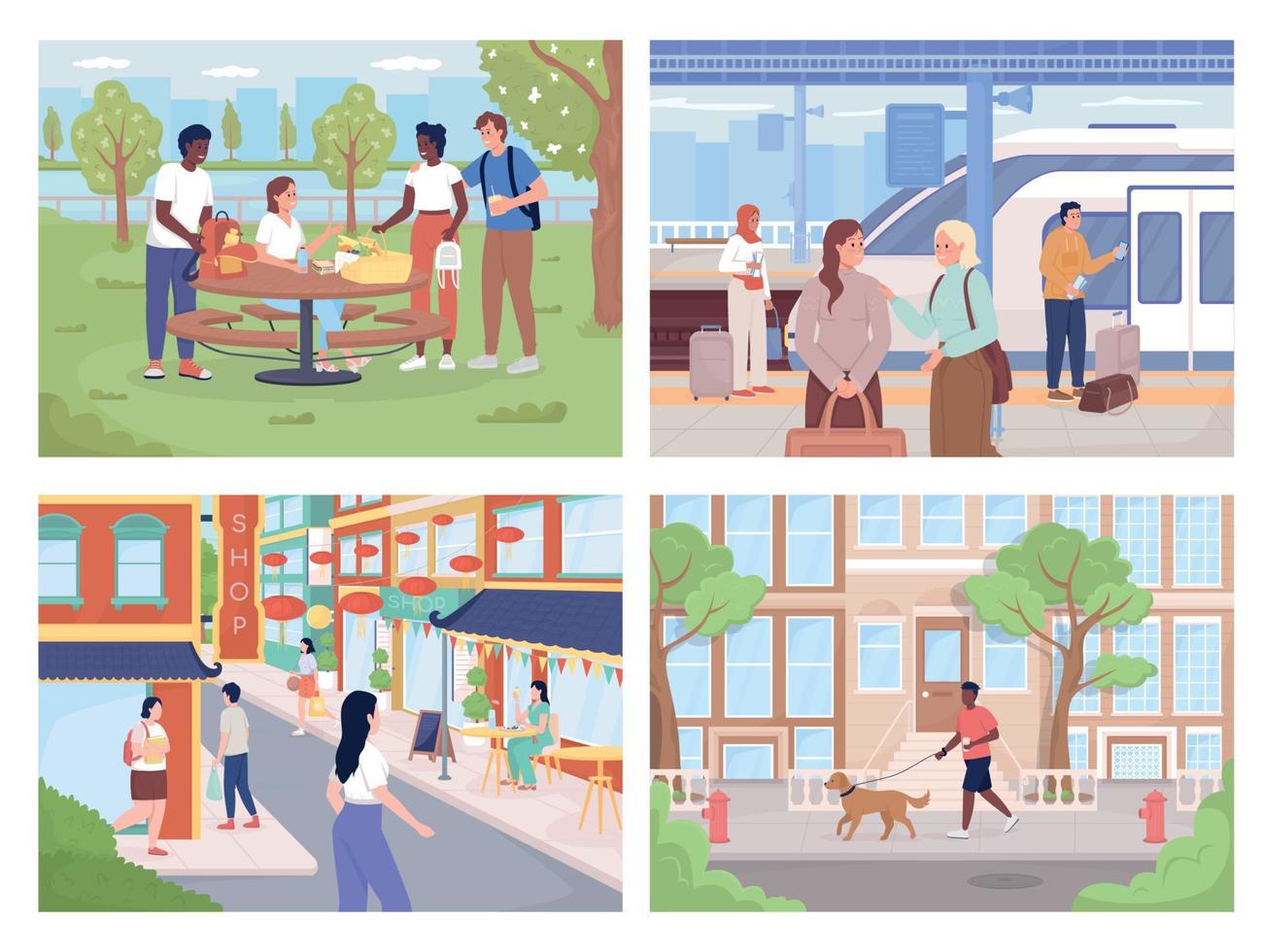 vida en ciudad moderna conjunto de ilustración de vector de color plano