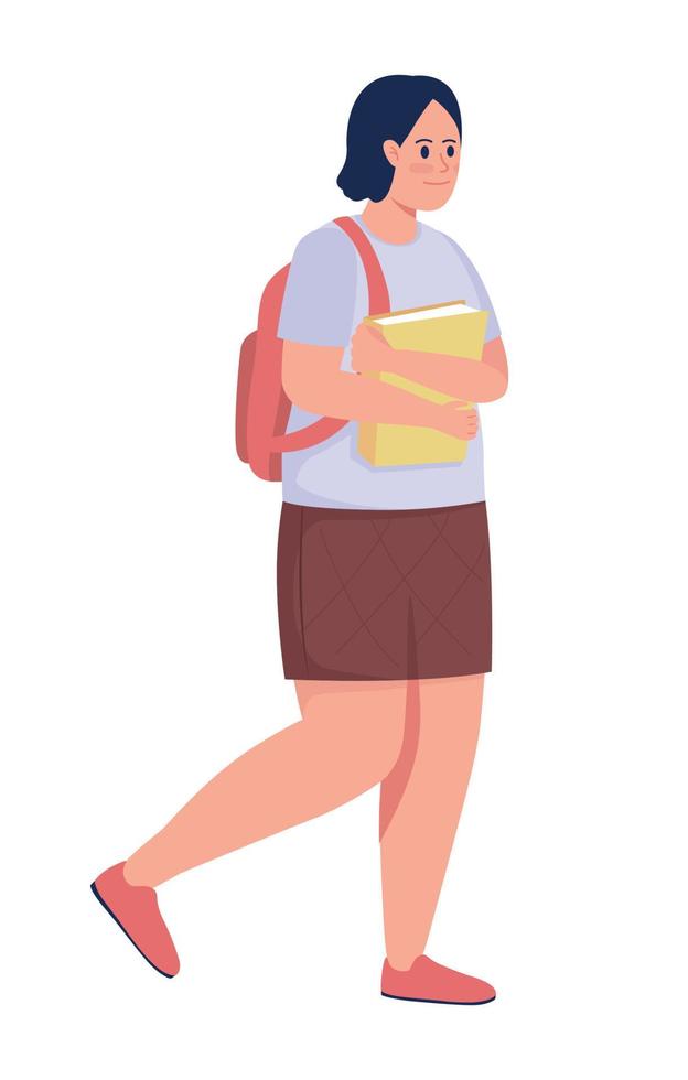 Happy female college student with books semi flat color vector character