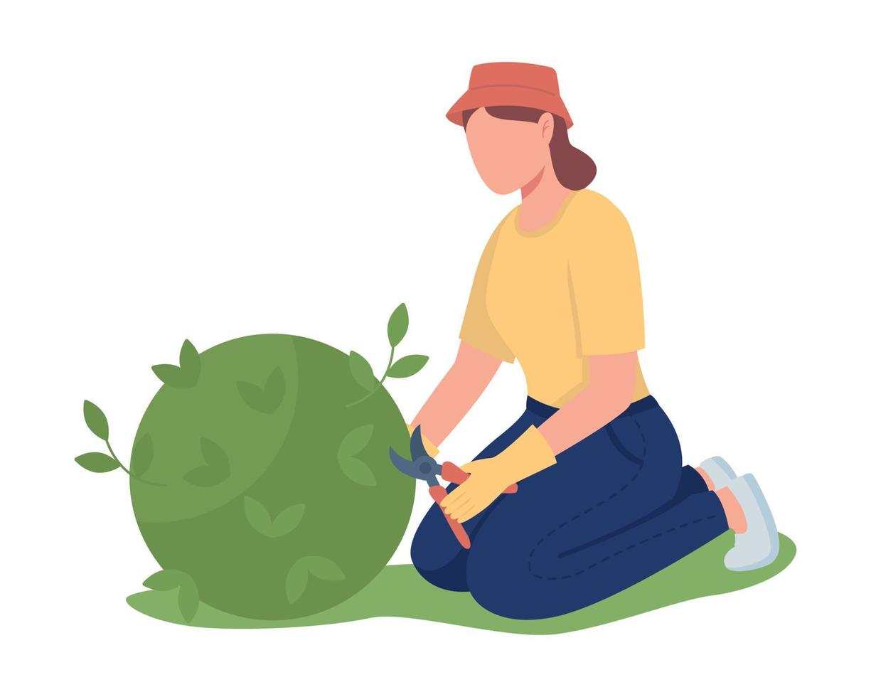 Woman pruning bush in garden semi flat color vector character