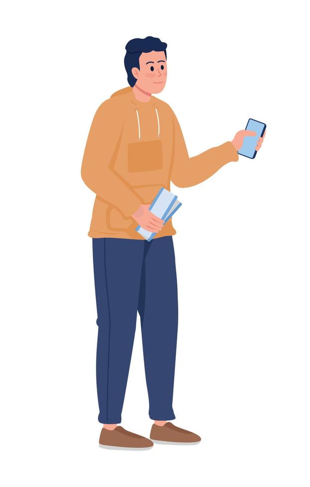 Smiling guy holding airline ticket and smartphone semi flat color vector character