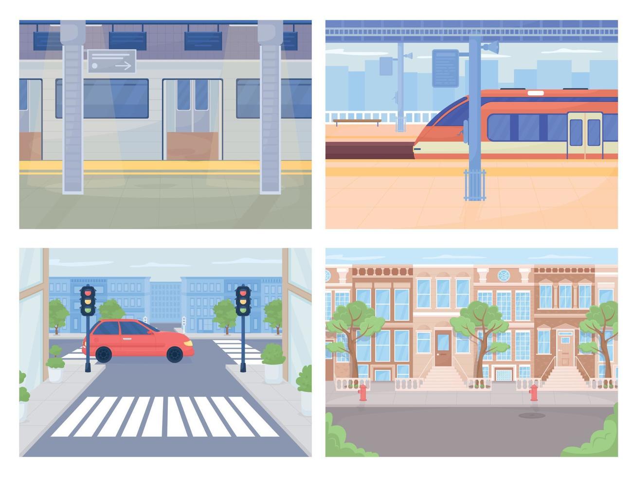 Public transportation in city lat color vector illustration set