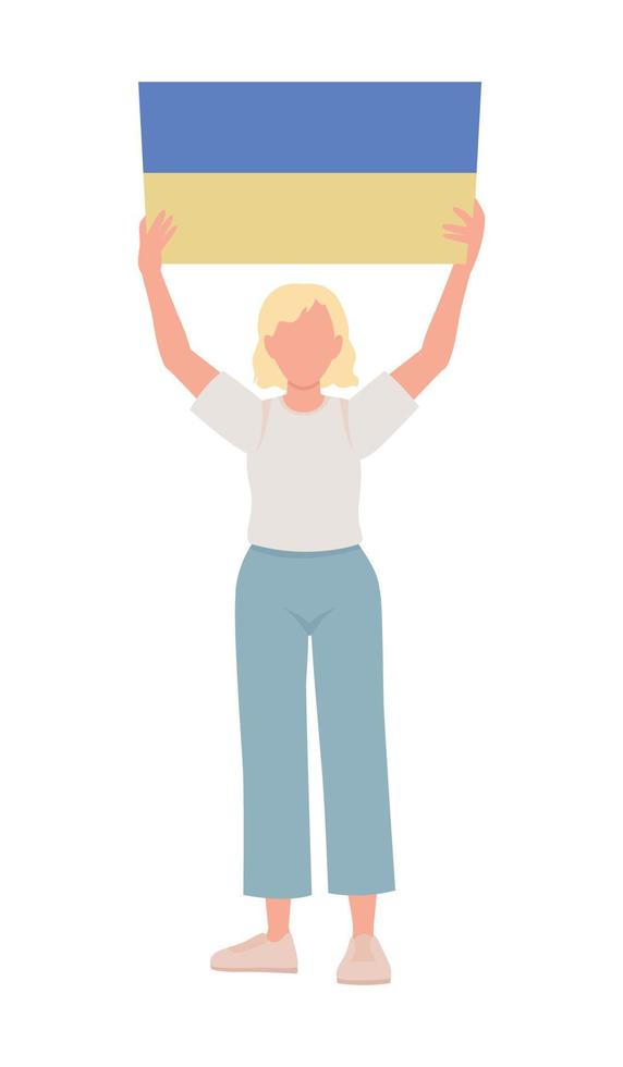 Lady holding Ukrainian flag semi flat color vector character