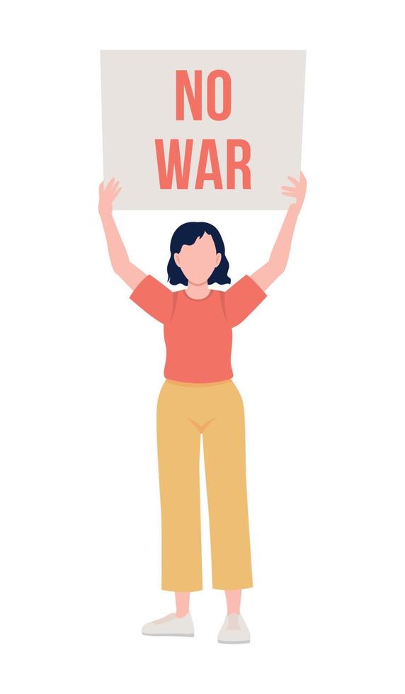 Lady holding no war poster semi flat color vector character