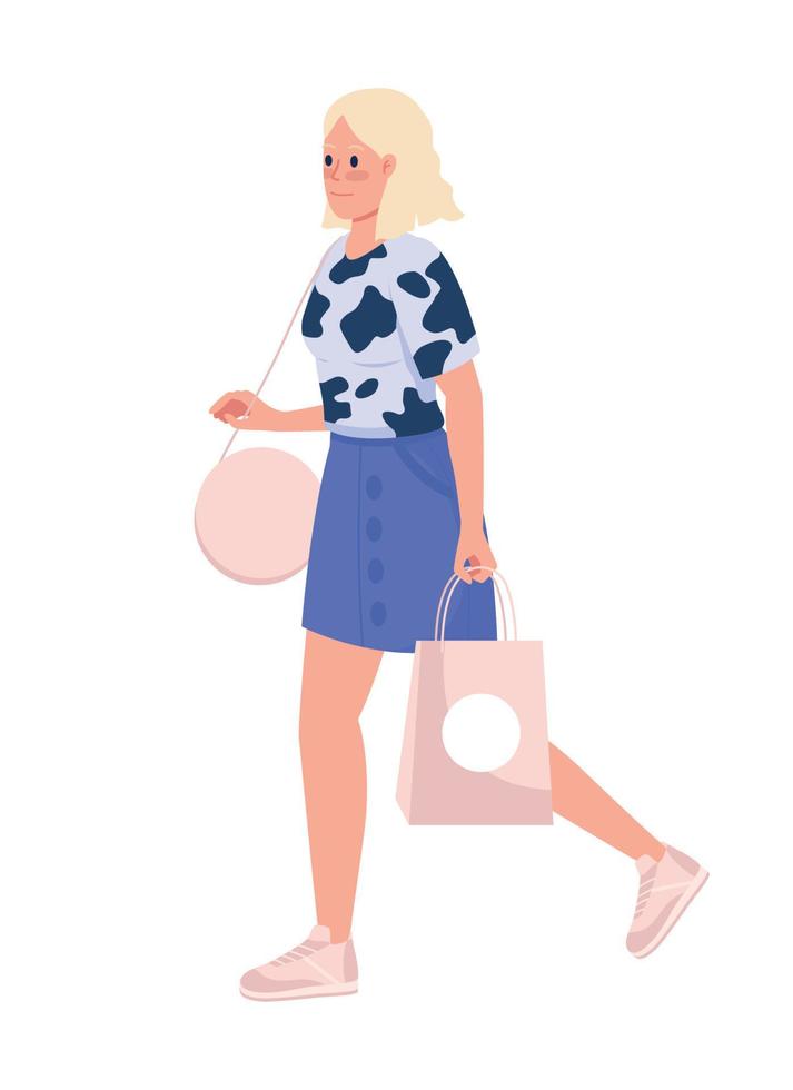 Stylish blonde lady with pink shopping bag semi flat color vector character