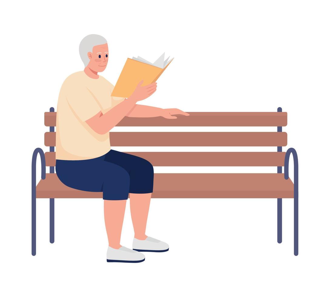Male pensioner reading book and sitting on bench semi flat color vector character
