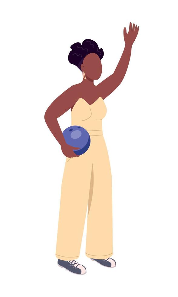 hermosa mujer con bola de boliche semi plana color vector carácter