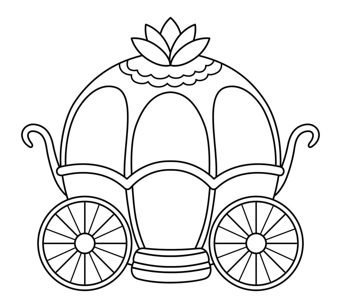 icono de carro vectorial en blanco y negro aislado en fondo blanco. carro de línea medieval. cuento de hadas rey entrenador ilustración o página para colorear vector