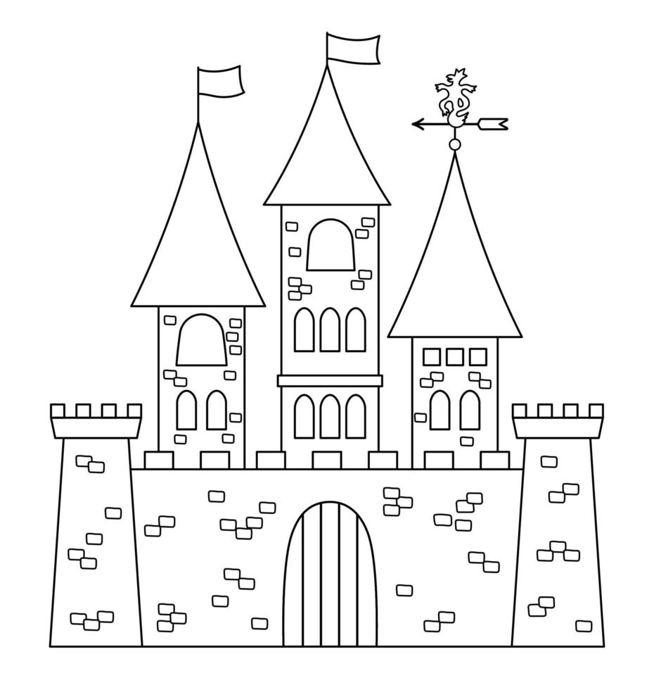 vector castillo icono blanco y negro aislado sobre fondo blanco. palacio de piedra de línea medieval con torres, banderas, puertas. cuento de hadas rey casa ilustración o página para colorear