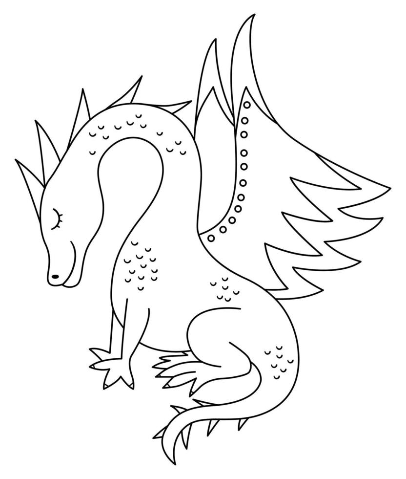 dragón blanco y negro de cuento de hadas aislado sobre fondo blanco. animal de fantasía de línea vectorial con los ojos cerrados. personaje de cuento de hadas medieval. icono mágico de dibujos animados o página para colorear vector