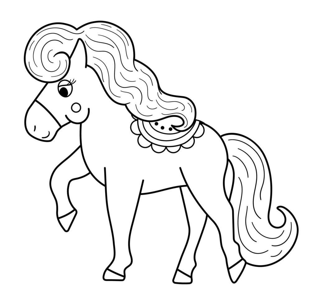 Fairy tale black and white horse with green saddle isolated on white background. Vector line fantasy animal. Medieval fairytale horse character. Cartoon magic icon or coloring page