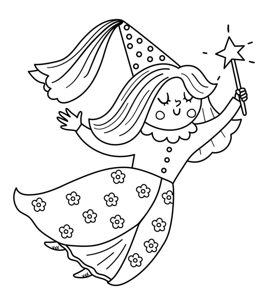Fairy tale black and white vector fairy with magic wand. Fantasy line flying sorceress in tall hat. Fairytale character. Cartoon magic icon or coloring page