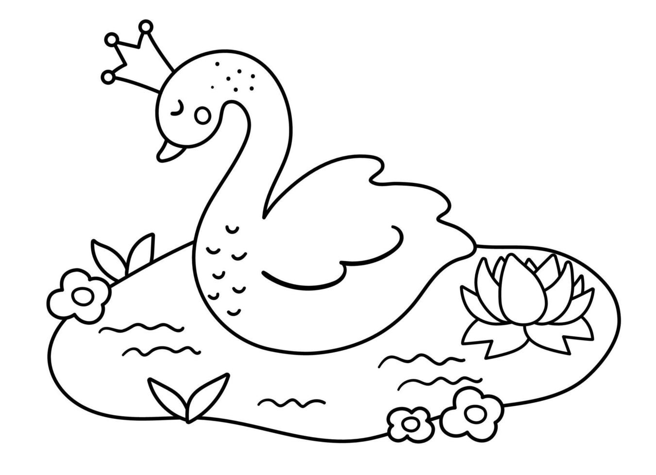 Fairy tale black and white vector swan princess. Fantasy line bird in crown in pond with water lily. Fairytale animal character. Cartoon magic icon or coloring page
