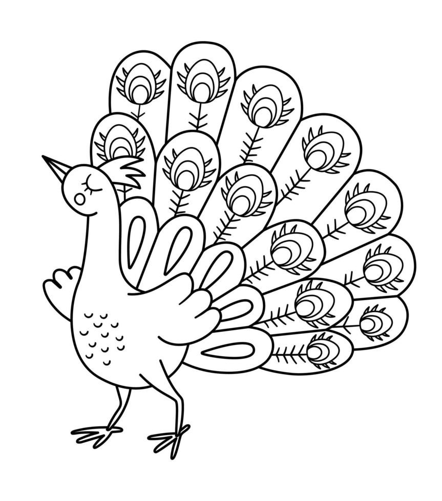 Fairy tale black and white vector peacock. Fantasy line bird with spread  tale. Fairytale animal character. Cartoon magic icon or coloring page  6847282 Vector Art at Vecteezy