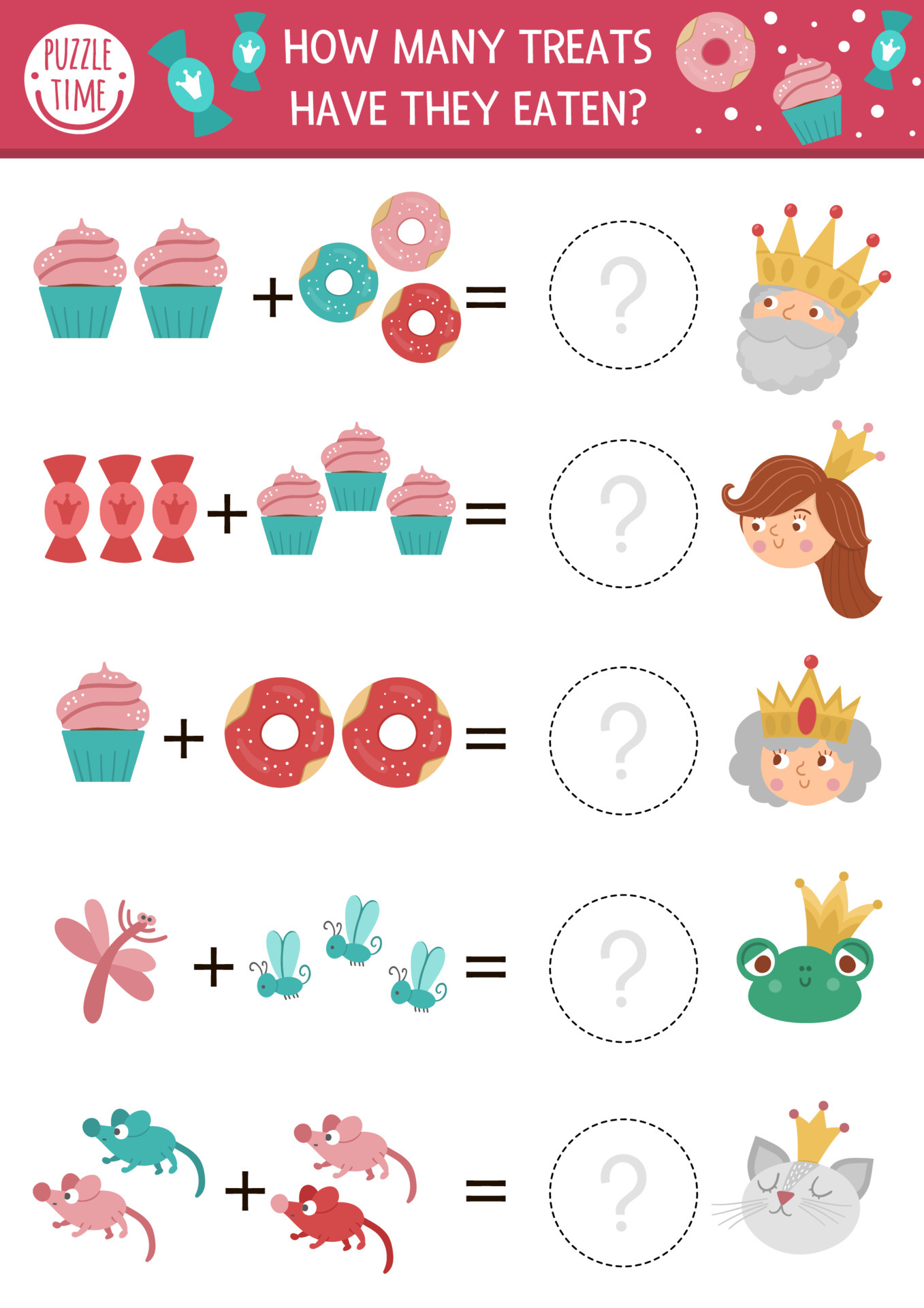 how many treats game with cute fairytale characters donuts sweets magic kingdom math addition activity for preschool children printable simple counting worksheet for kids 6847288 vector art at vecteezy