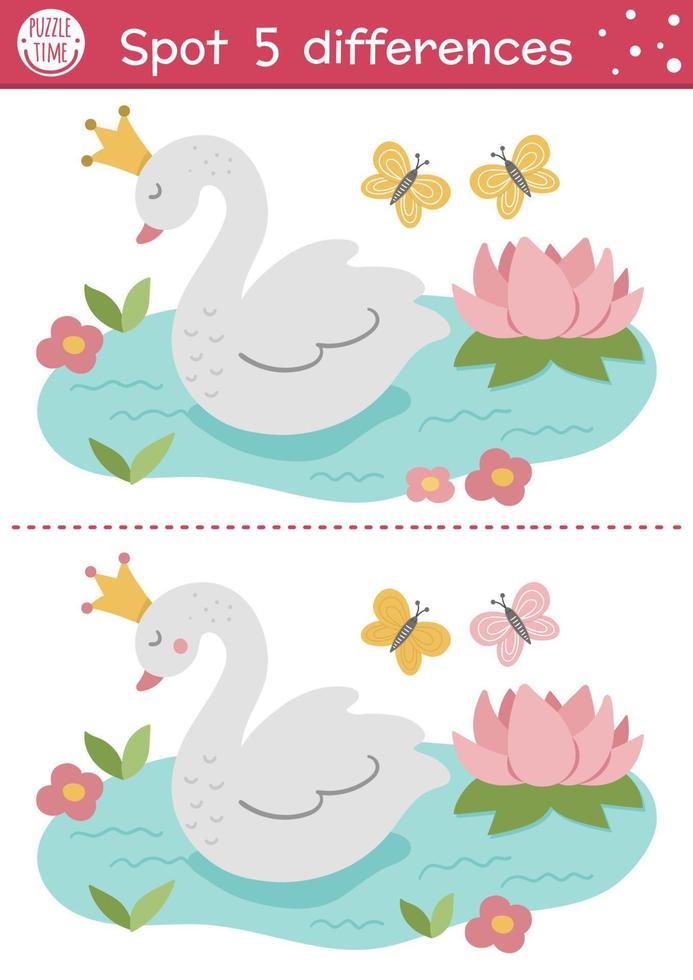 Find differences game for children. Fairytale educational activity with cute swan princess. Magic kingdom puzzle for kids with fantasy character. Fairy tale printable worksheet or page vector