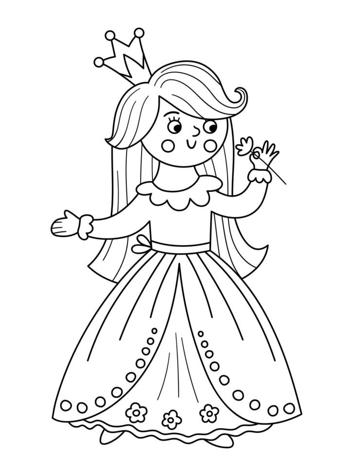 cuento de hadas princesa vectorial en blanco y negro que huele a flor. chica de línea de fantasía en la corona. Página para colorear de sirvienta de cuento de hadas medieval. icono mágico de dibujos animados de niña con carácter lindo. vector