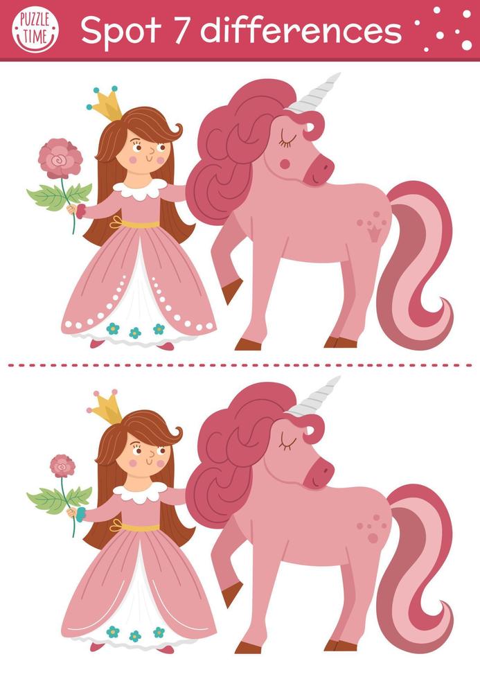 Find differences game for children. Fairytale educational activity with cute princess and unicorn. Magic kingdom puzzle for kids with fantasy character. Fairy tale printable worksheet or page vector
