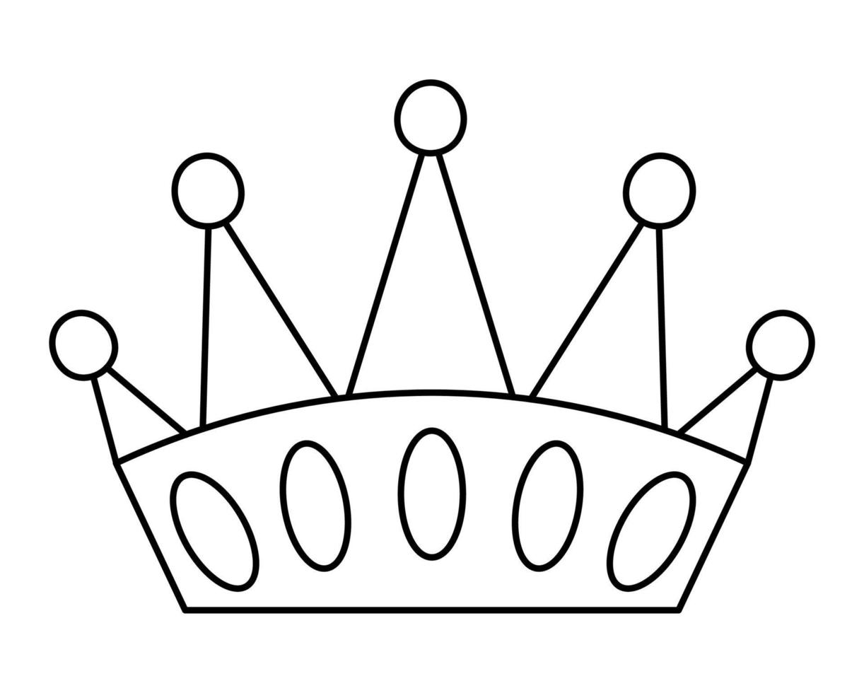 Fairy tale black and white crown isolated on white background. Vector line fantasy king or queen accessory. Sovereign authority symbol. Medieval fairytale royal jewelry icon
