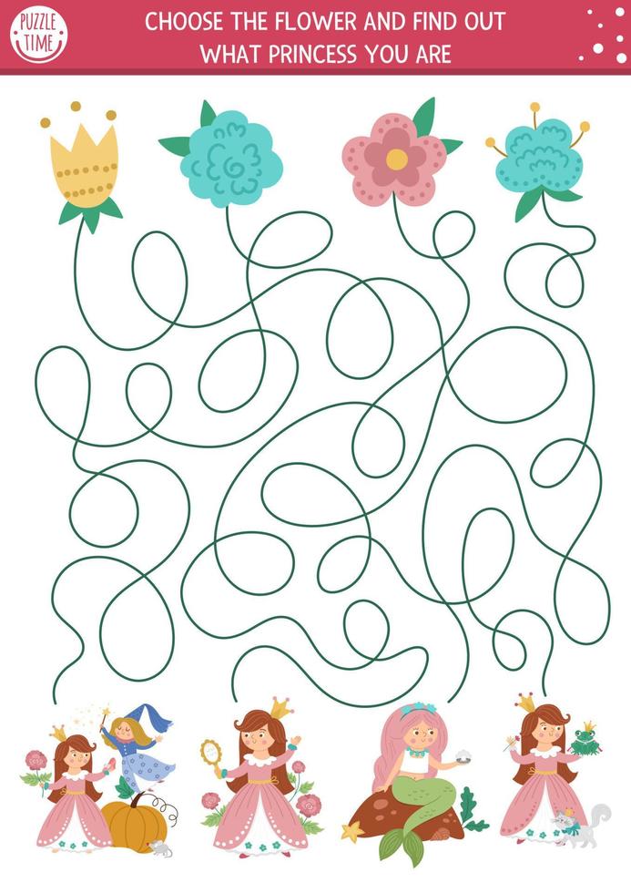 Fairytale maze for kids with cute princesses and flowers. Magic kingdom preschool printable activity with Cinderella, Sleeping Beauty, Mermaid. Fairy tale labyrinth game or puzzle vector