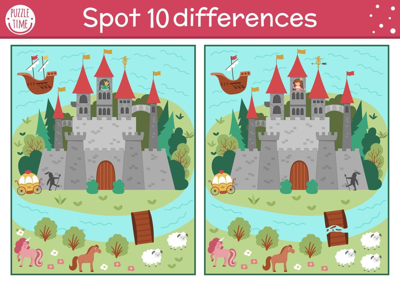 Find differences game for children. Fairytale educational activity with cute castle, princess, frog prince. Magic kingdom puzzle for kids with fantasy character. Fairy tale printable worksheet or page vector
