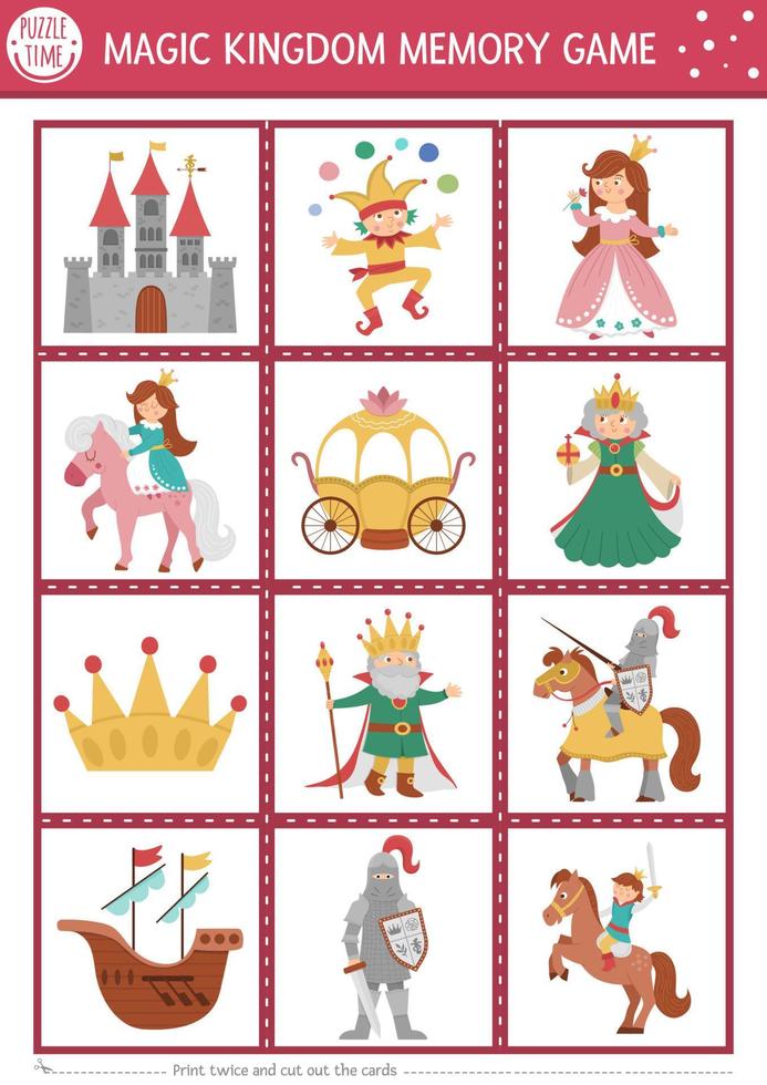 Vector Fairytale memory game cards with cute traditional fantasy symbols. Magic kingdom matching activity. Remember and find correct card. Simple printable worksheet for kids with castle