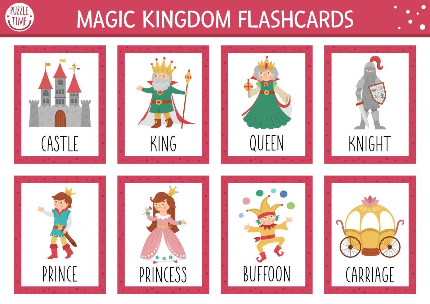 juego de tarjetas flash de cuento de hadas vectorial. juego de idioma inglés con lindo castillo, rey, princesa, reina para niños. flashcards del reino mágico con personajes de fantasía. hoja de trabajo imprimible educativa simple. vector