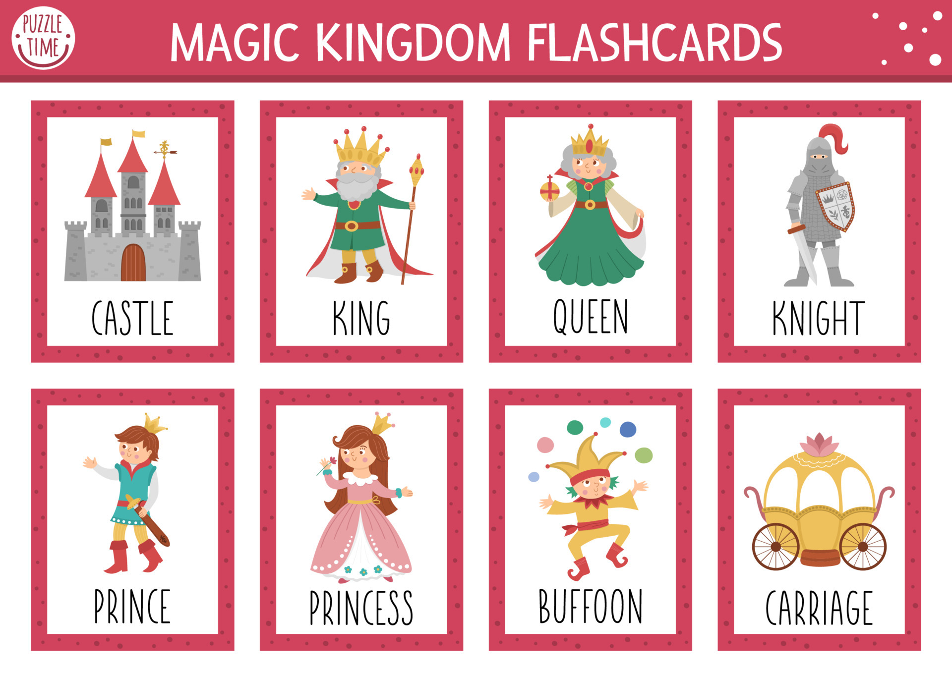 Vector fairytale flash cards set. English language game with cute castle,  king, princess, queen for kids. Magic kingdom flashcards with fantasy  characters. Simple educational printable worksheet. 6847304 Vector Art at  Vecteezy