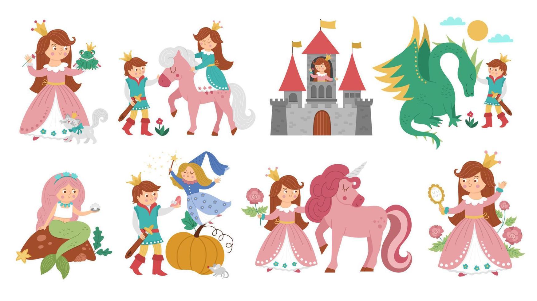 Fairy tale vector princess set. Fantasy girl collection. Medieval fairytale maid in pink dress. Girlish cartoon magic icons pack. Cinderella, sleeping beauty, frog prince, mermaid scenes