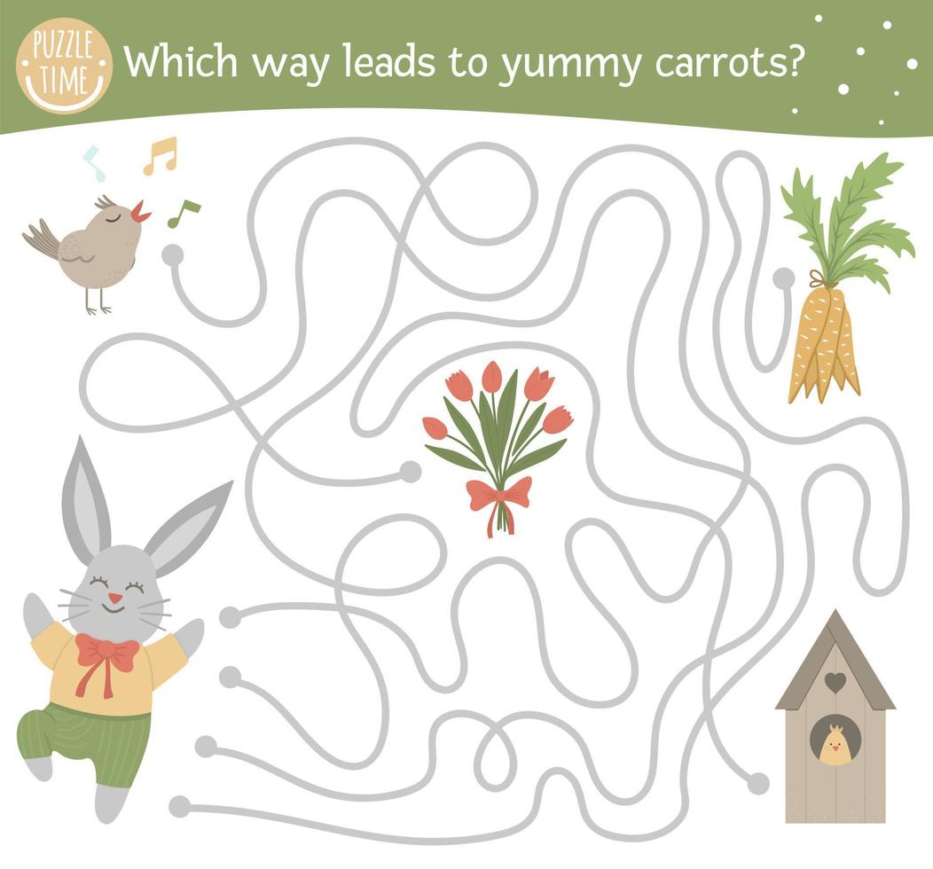 Easter maze for children. Preschool spring holiday activity. Funny puzzle game with cute bunny, carrots, tulips, bird. Which way leads to yummy carrots vector