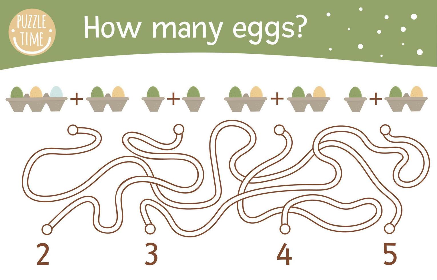 Easter math maze for children. Preschool spring activity. Educational addition riddle. Funny mathematic puzzle game with holiday symbols. Cute counting worksheet. How many eggs vector