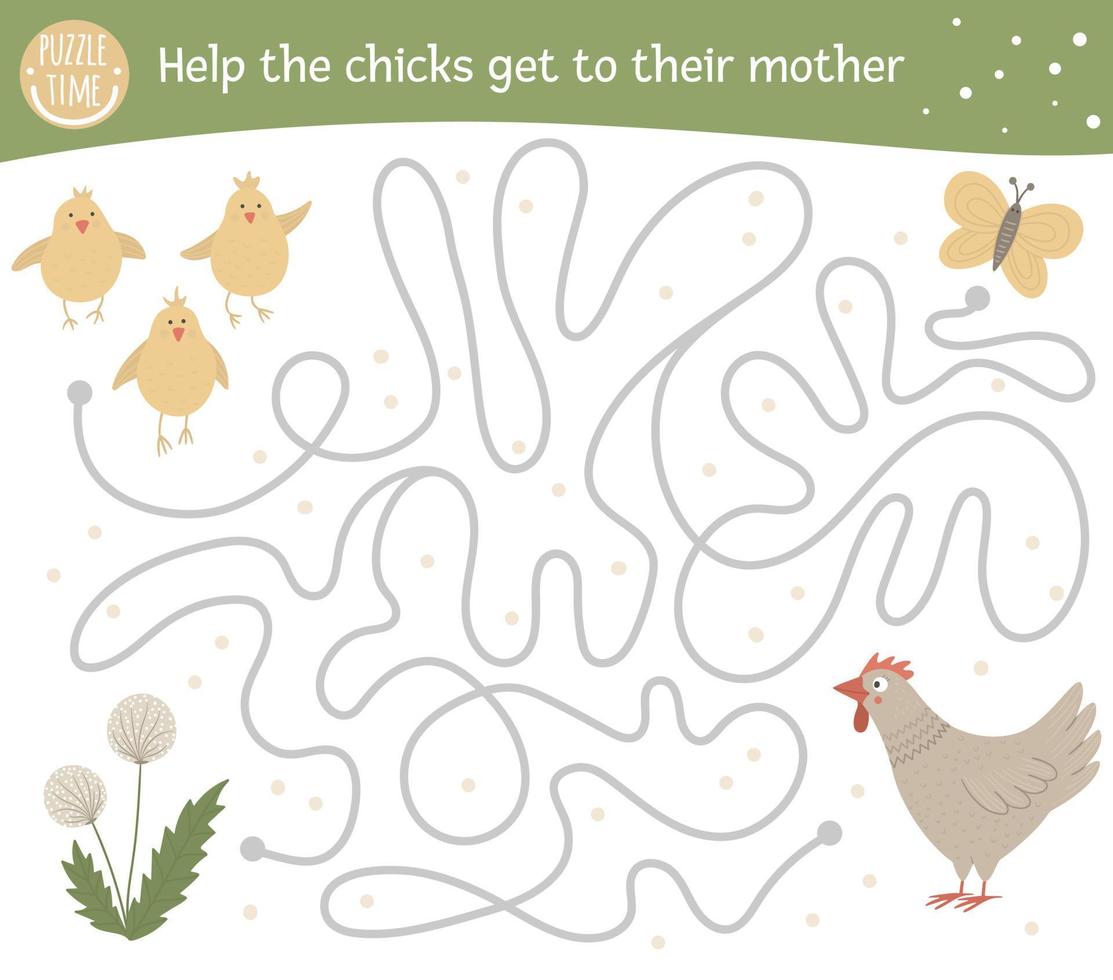 Easter maze for children. Preschool spring holiday activity. Funny puzzle game with cute hen, chickens, dandelion, butterfly. Help the chicks get to their mother. vector