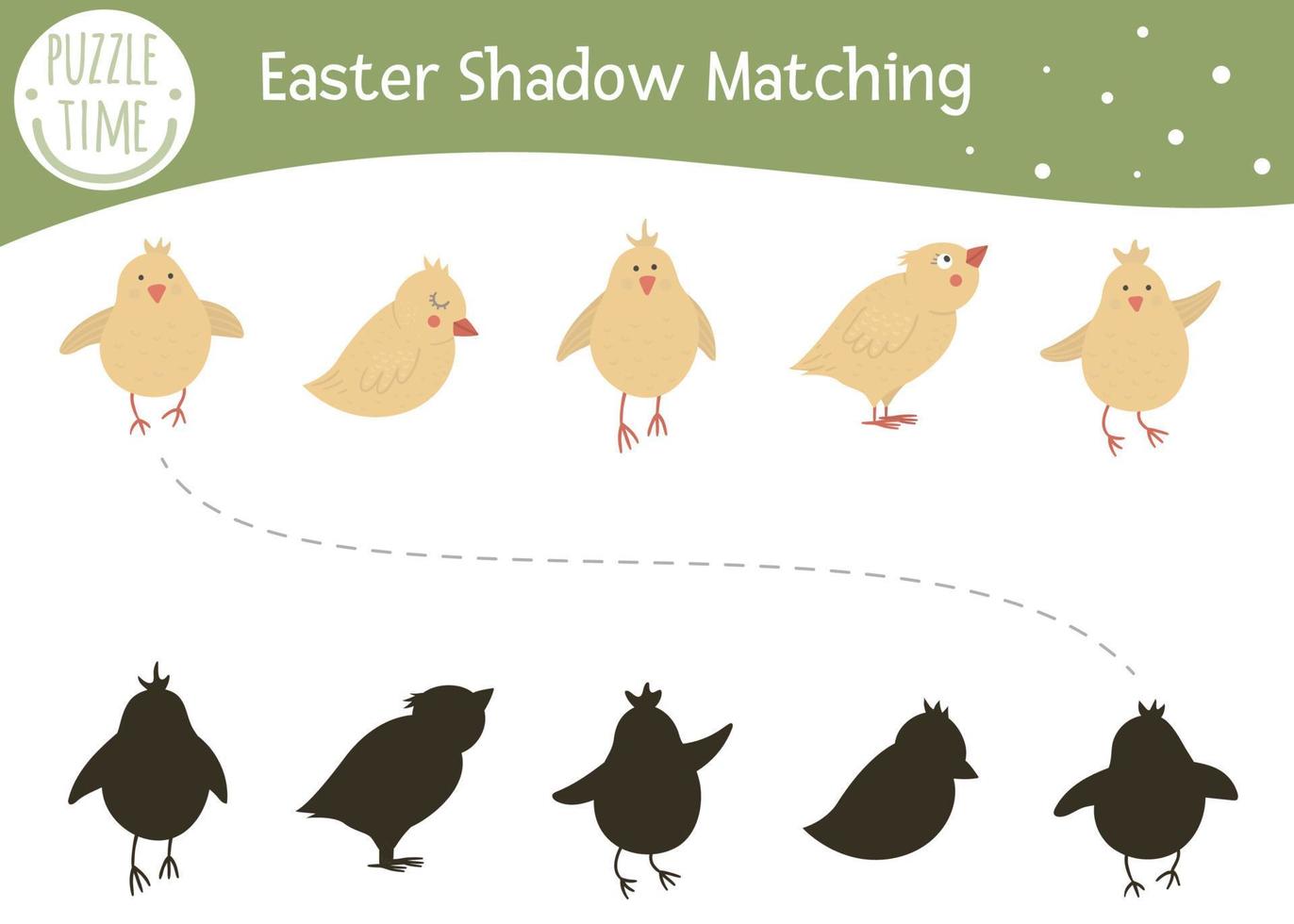 Easter shadow matching activity for children. Preschool Christian holiday puzzle. Cute spring educational riddle. Find the correct chicken silhouette game. vector