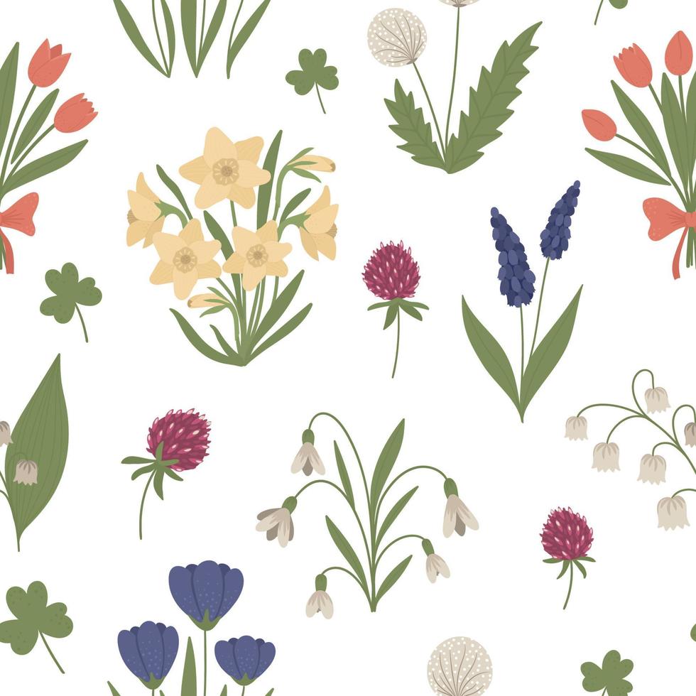 Vector seamless pattern with cute flat spring flowers. First blooming plants background. Floral digital paper.
