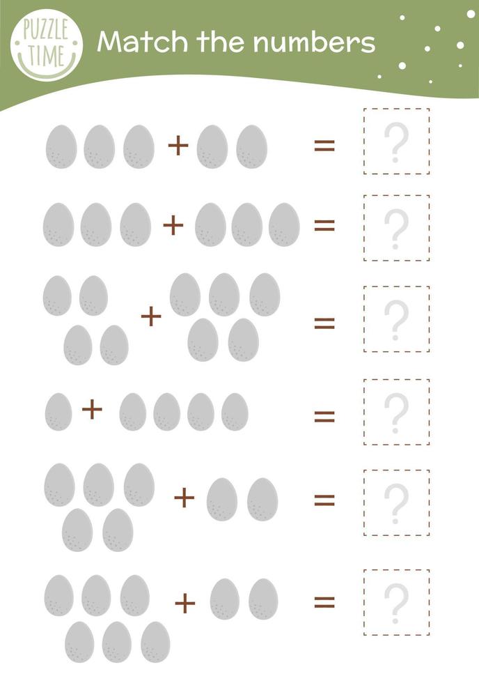 juego de matemáticas con huevos. actividad matemática de pascua para niños en edad preescolar. hoja de cálculo de conteo de primavera. Adivinanza educativa adicional con lindos elementos divertidos. vector