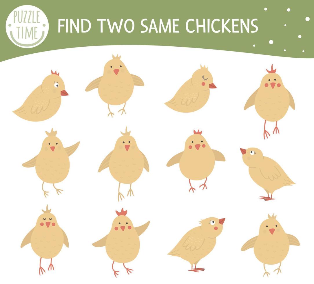 Find two same chickens. Easter matching activity for preschool children with cute chicks. Funny spring game for kids. Logical quiz worksheet. vector