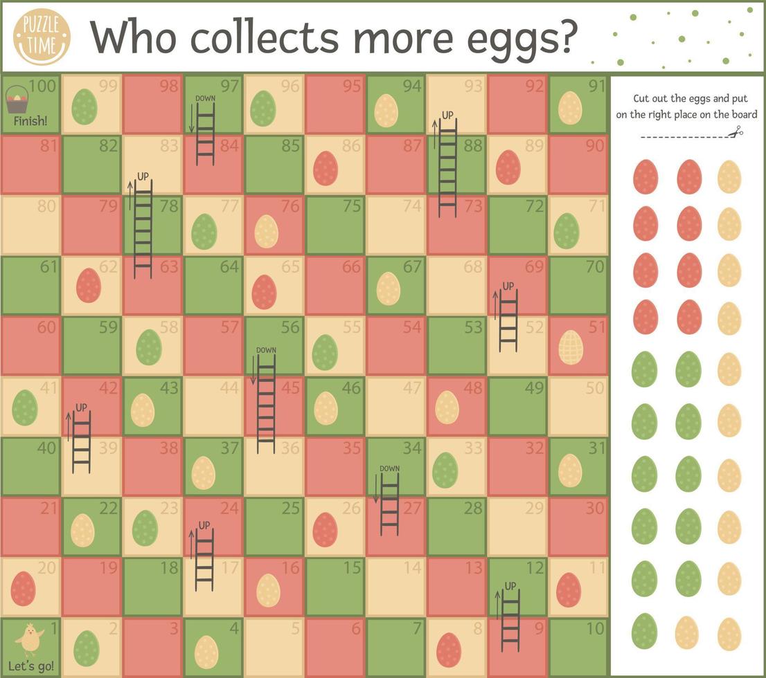 Easter egg hunt board game for children with traditional symbols. Educational spring holiday boardgame with numbers. Who collects more eggs vector
