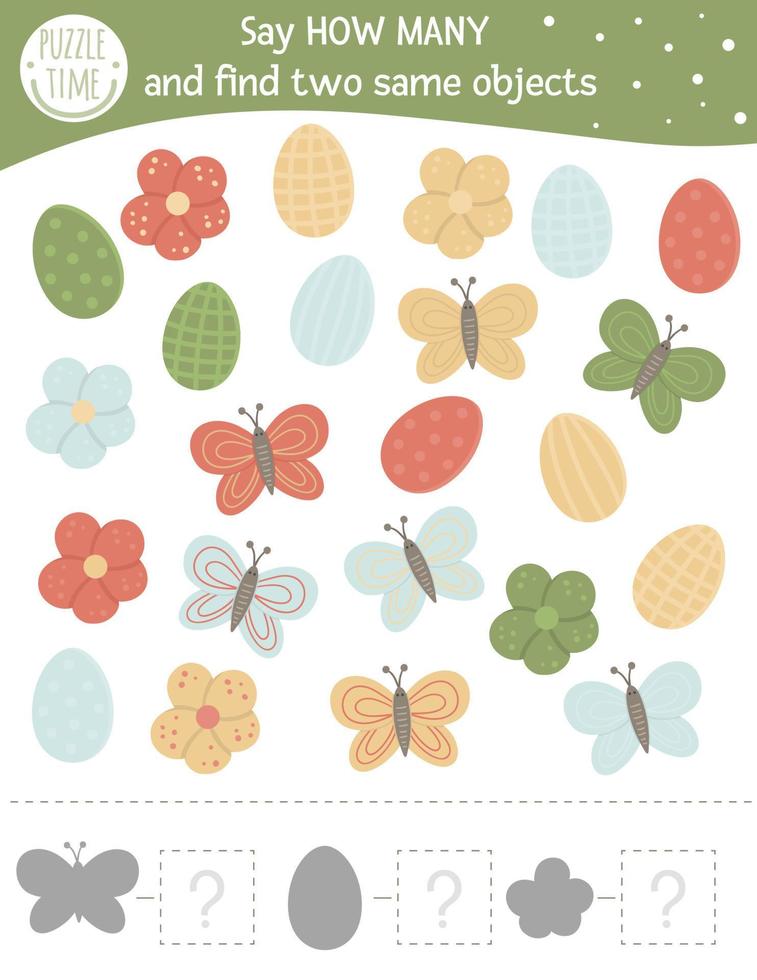 Easter counting game with holiday symbols. Spring math activity for preschool children. How many objects worksheet. Educational riddle with cute funny pictures. vector