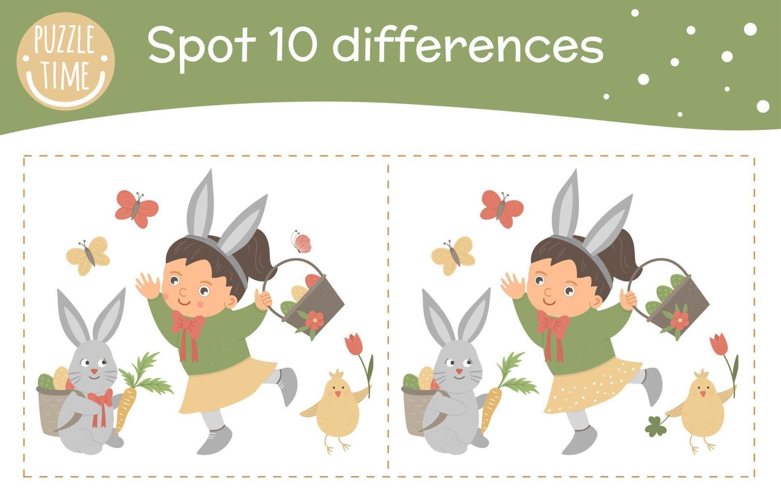 Easter find differences game for children. Spring holiday festive preschool activity with girl, basket, bunny, chicken and butterfly. Puzzle with cute funny smiling characters. vector