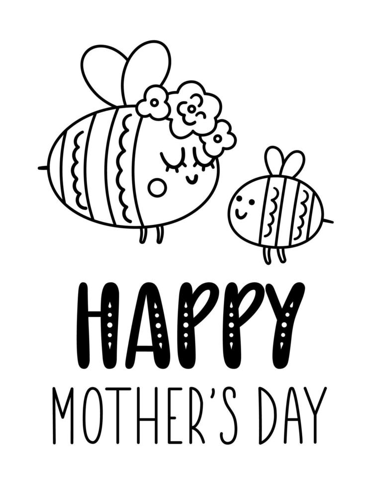 Vector black and white Mothers Day card with cute boho insect. Pre-made line design with bumblebee and mother. Bohemian outline poster with bee family and flowers on white background.