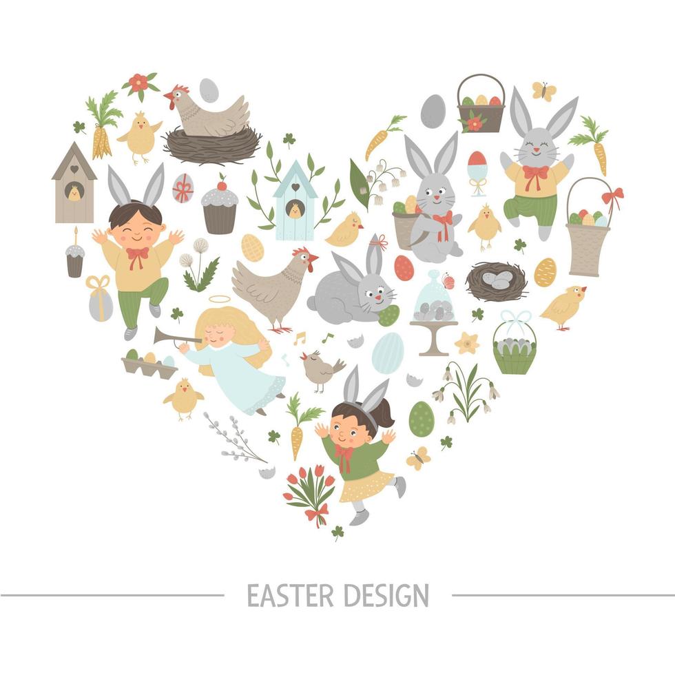 marco en forma de corazón de pascua vectorial con conejito, huevos y niños felices aislados en fondo blanco. banner o invitación temática de vacaciones cristianas. Linda plantilla de tarjeta de primavera divertida. vector