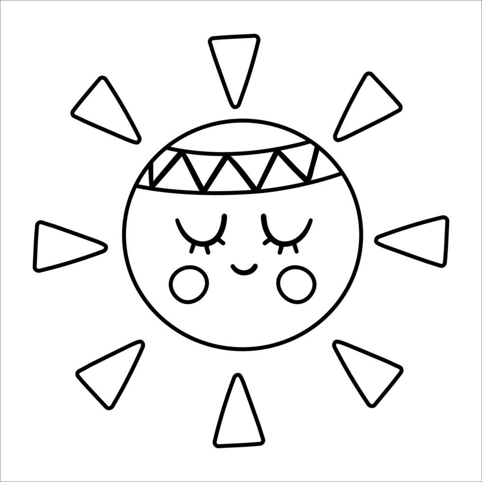 Vector black and white boho sun with band on the head. Bohemian planet line icon isolated on white background. Celestial star outline illustration.