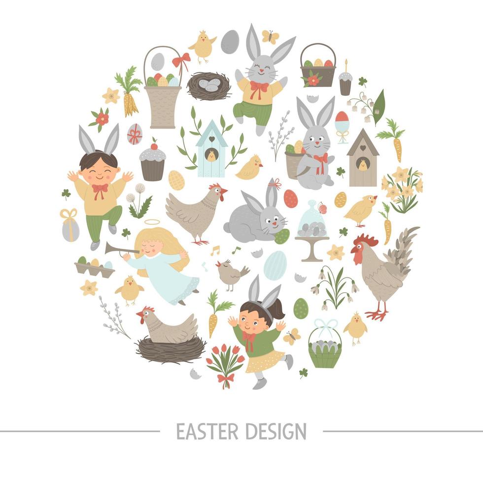 marco redondo vectorial de pascua con conejito, huevos y niños felices aislados en fondo blanco. estandarte o invitación temática de festividades cristianas enmarcada en círculo. Linda plantilla de tarjeta de primavera divertida. vector